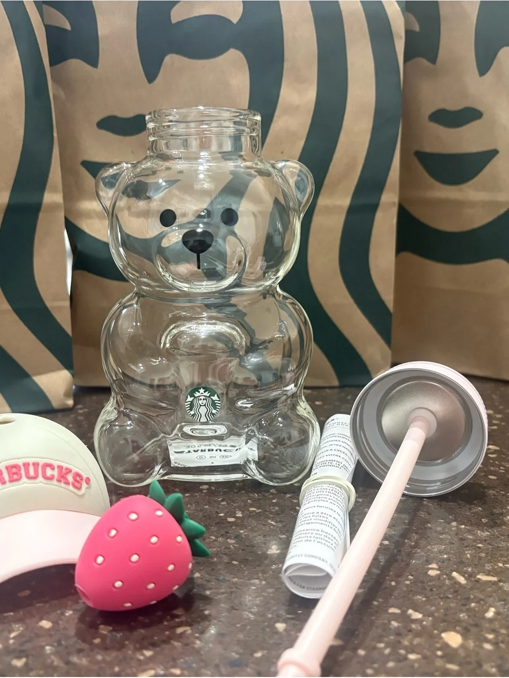 Starbucks Glass Bearista Bear Cup Strawberry Straw & Hat 20oz - Picture 5 of 9